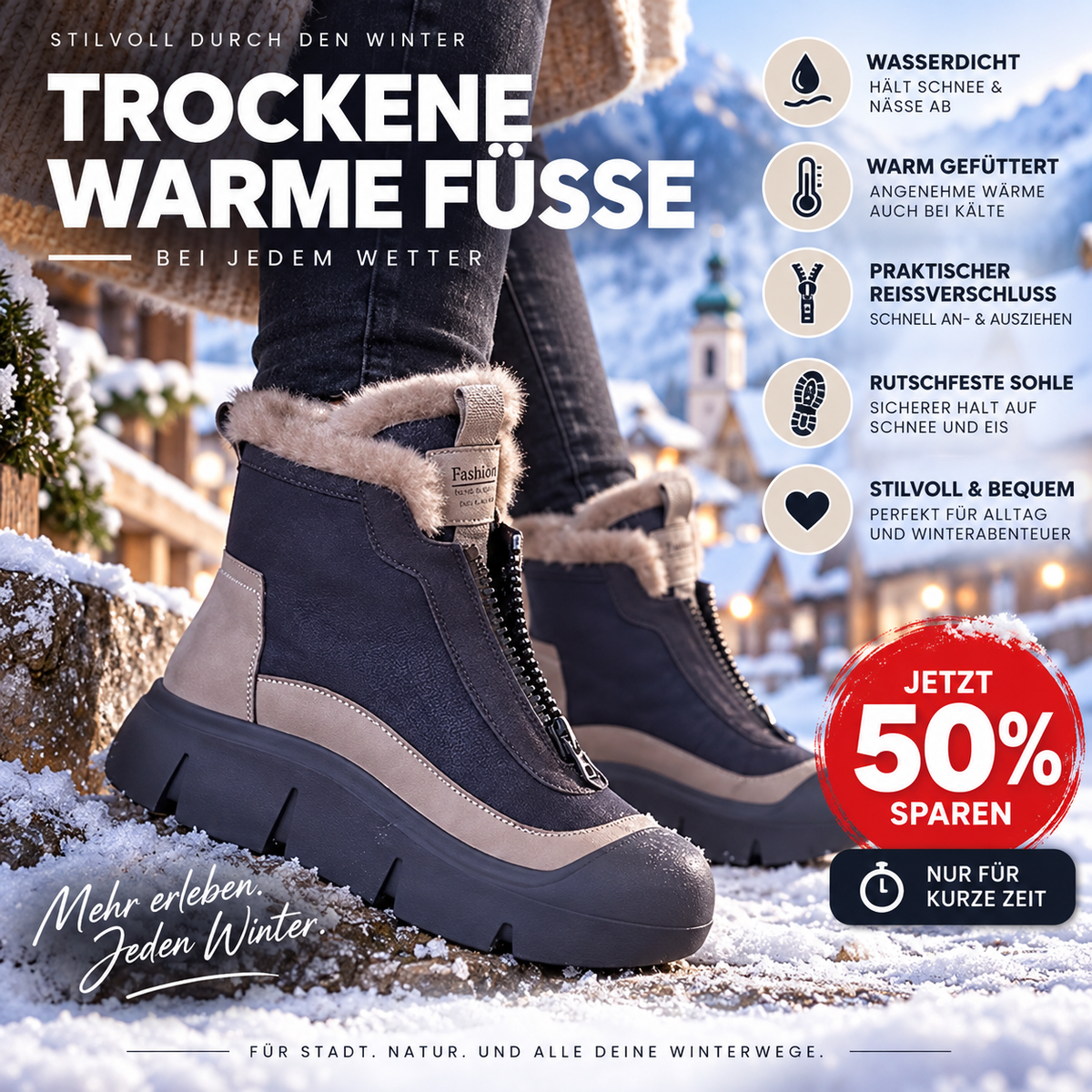 ✨Wasserdichte, warme Schneestiefel mit Reißverschluss für Damen