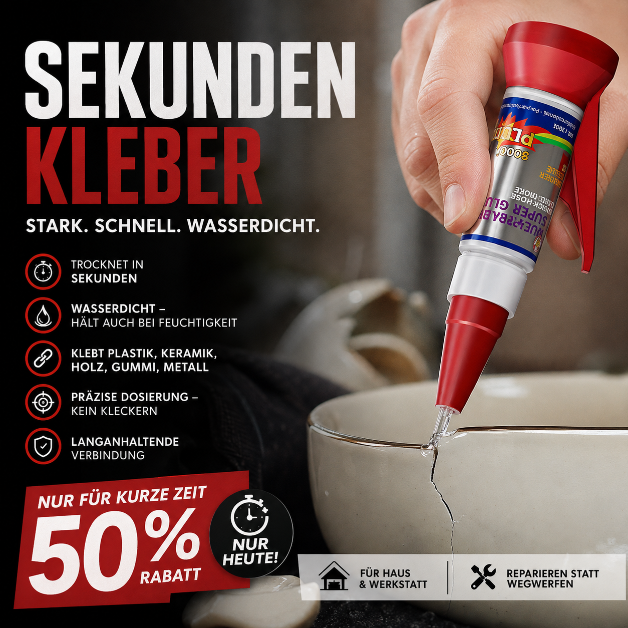 Wasserfester, schnell trocknender Allzweck-Sekundenkleber